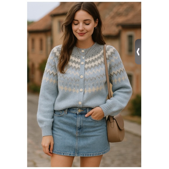 La Vie Rebecca Taylor Blue Fair Isle Wool Blend Cardigan Sweater NWT XL - Picture 3 of 15